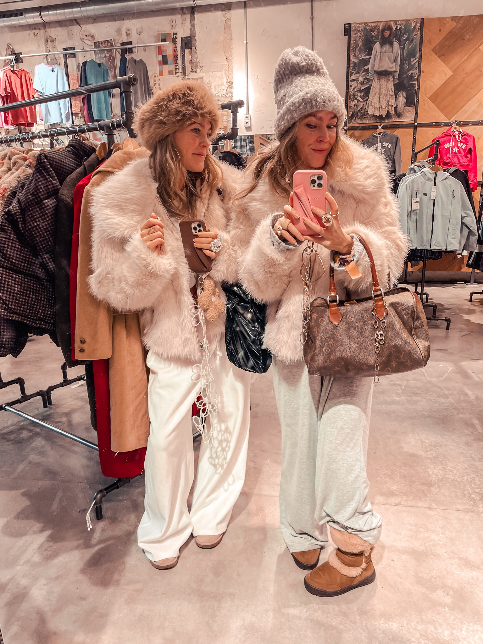 Fluffy faux fur jackets we found at urban outfitters 👯‍♀️ also linked some new wide leg trousers we love and the newest Ugg  boots 💞💞 enjoy wearing this cute winter style idea girls xoxo 

#LTKFindsUnder100 #LTKU #LTKStyleTip