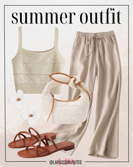 Stay cool and chic this summer in a crop tank top paired with breezy linen palazzo pants. Accentuate with dainty flower stud earrings and a trendy knot bag for a touch of flair. Complete the look with comfy slide sandals, perfect for effortless strolls under the sun!

#LTKSeasonal #LTKfindsunder100 #LTKstyletip