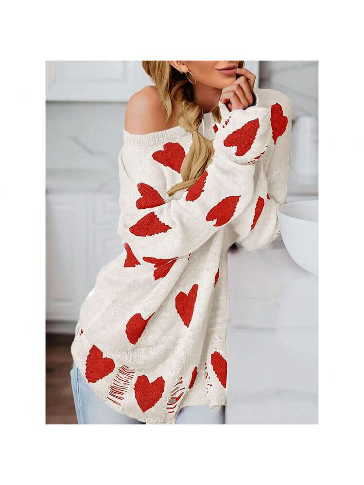 PiePieBuy PiePieBuy Womens Cute Love Heart Print Sweaters Oversized Off The Shoulder Loose Knitte... | SHEIN