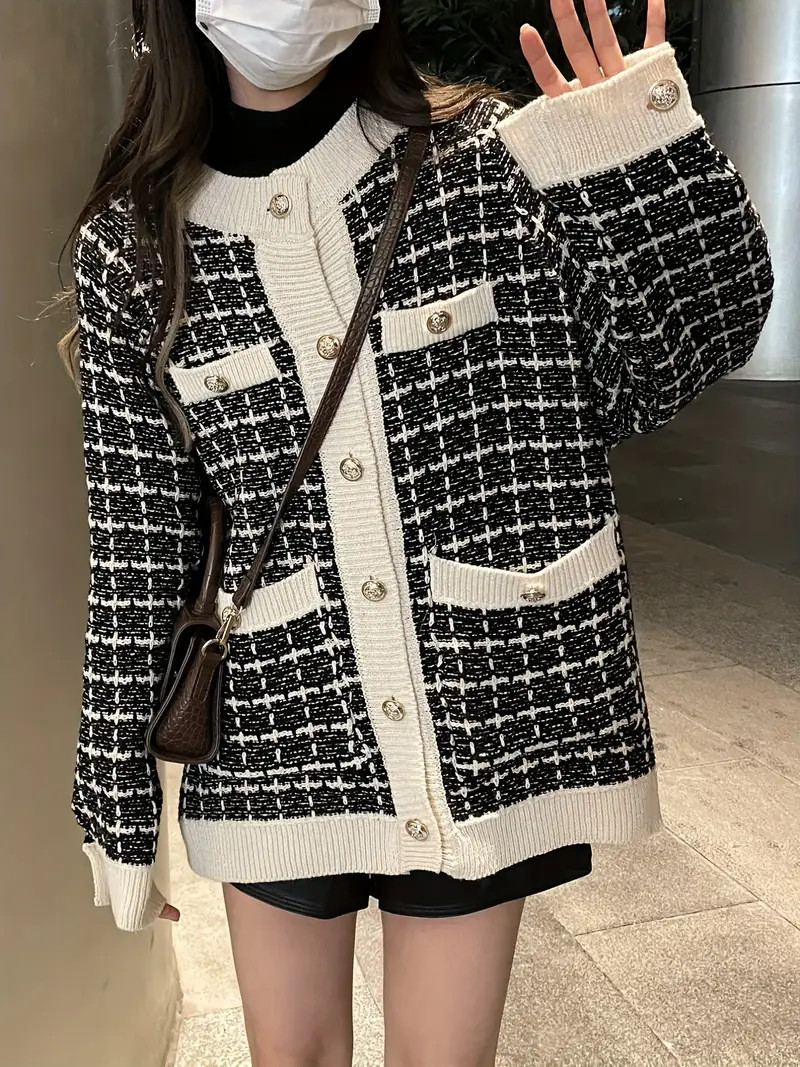 Preppy Plaid Pattern Button Up Pocket Cardigan, Casual Long Sleeve Cardigan For Fall & Winter, Wo... | Temu Affiliate Program