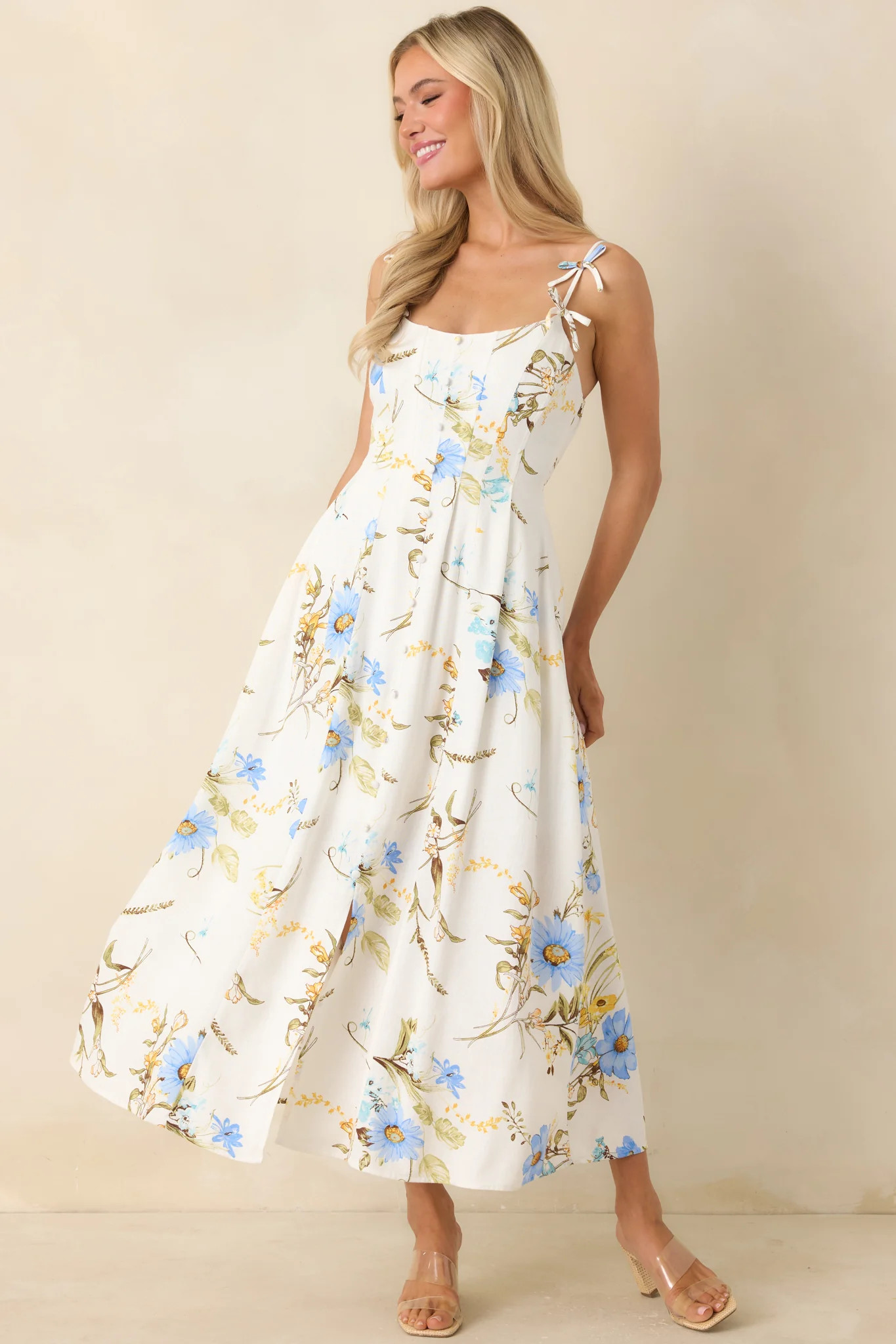 A Dash of Sunshine White Multi Floral Print Bow Accent Strap Midi Dress | Red Dress