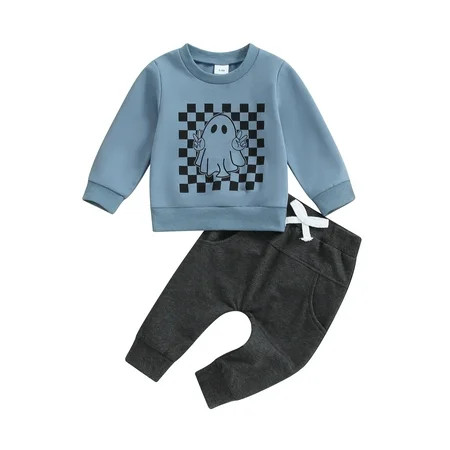 HUIJZG Toddler Boys 2Pcs Fall Outfits Halloween Ghost Print Checkerboard Long Sleeve Sweatshirts and Pants | Walmart (US)