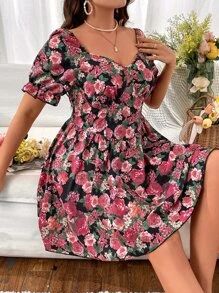 HomeWomen Plus ClothingPlus Size DressesPlus Floral Print Off Shoulder Flounce Sleeve Dress | SHEIN