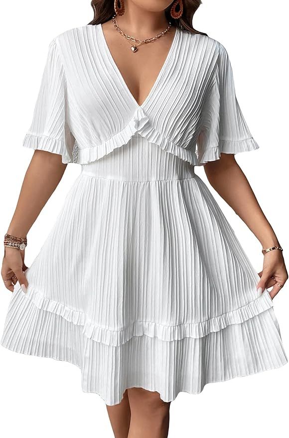 MakeMeChic Women's Plus Size Plisse Short Sleeve V Neck Ruffle Trim A Line Swing Short Dress | Amazon (US)