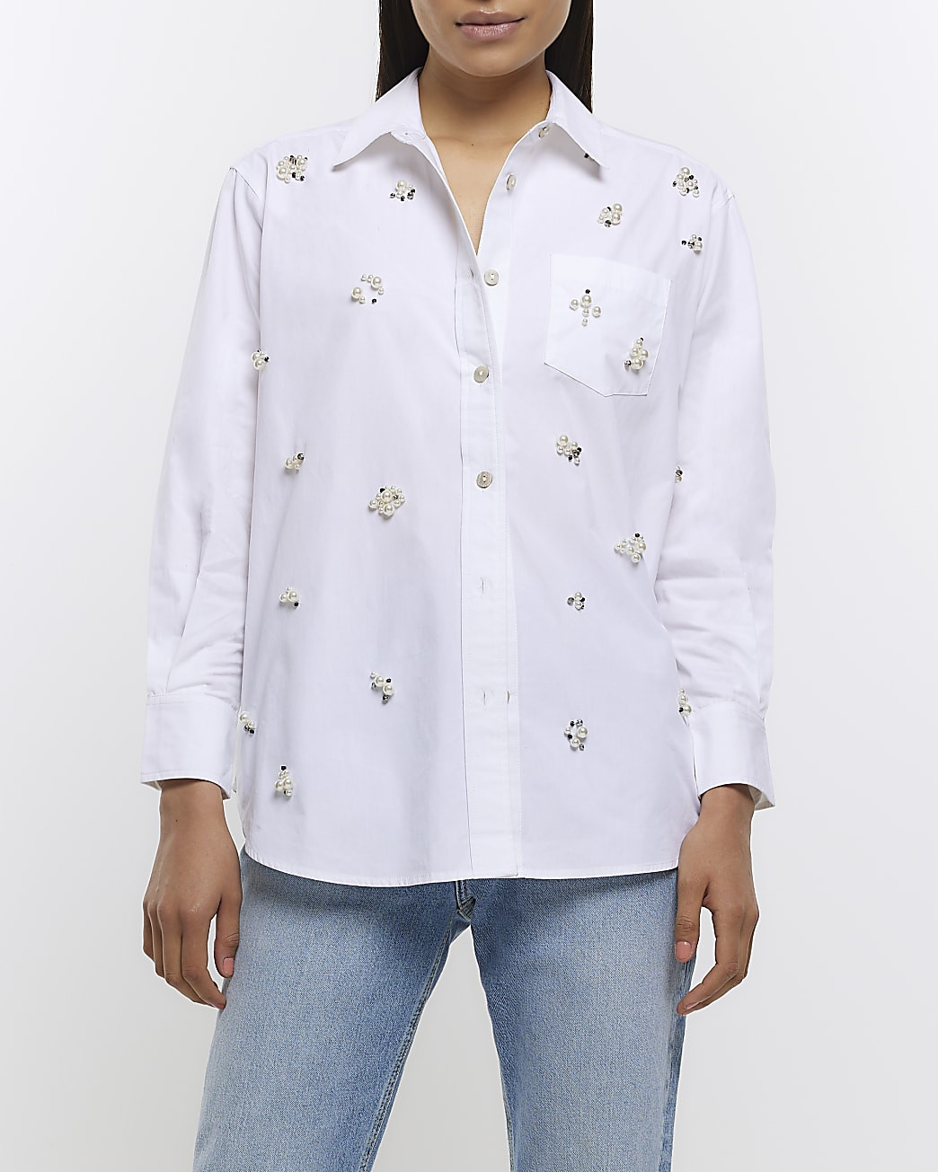 White pearl embellishment shirt | River Island (UK & IE)