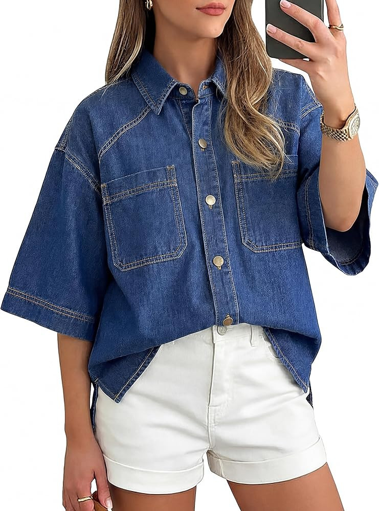 Women's Denim Shirt Button Down Jean Shirts Short Sleeve Blouses Casual Summer Tops Trendy Outfit... | Amazon (US)