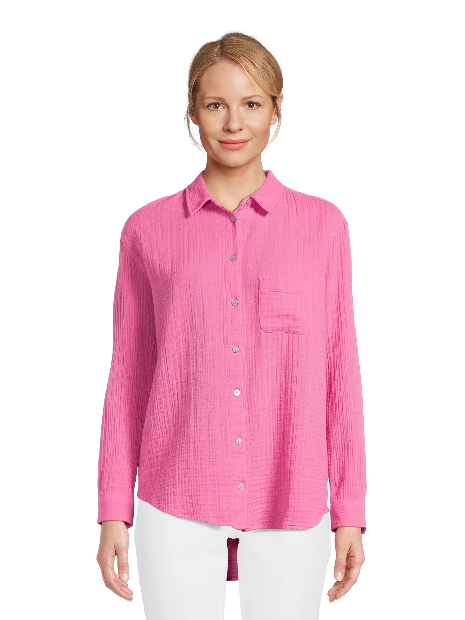 Time and Tru Women’s Double Cloth Shirt with Long Sleeves, Sizes XS-XXXL - Walmart.com | Walmart (US)