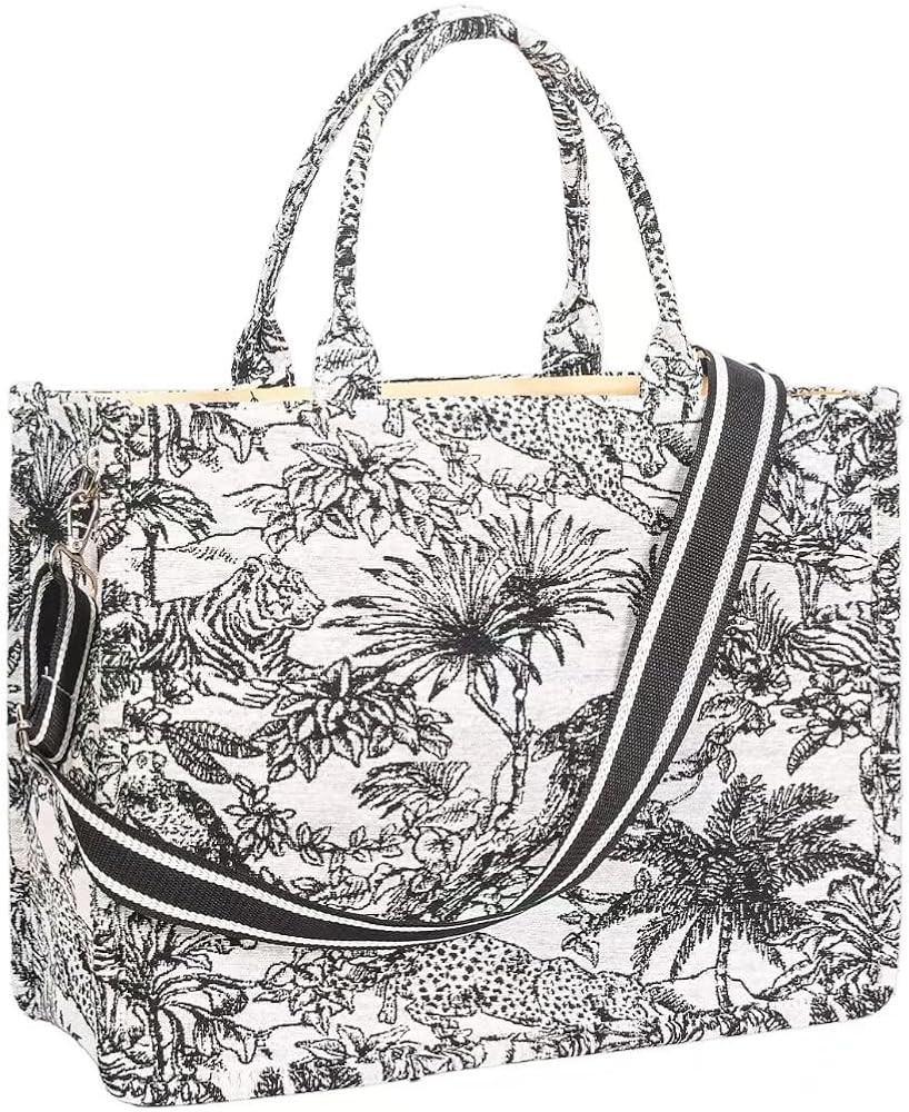 Large Tote Bag for Women with Strap, Linen Jacquard Handbag, Retro Tiger Leopard Embroidered Purs... | Amazon (US)