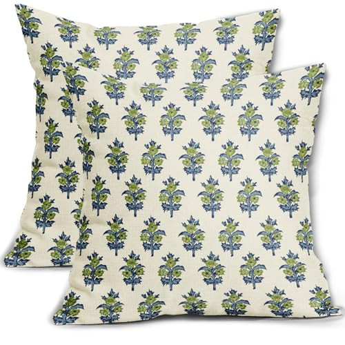 Aytipun Lime Green Blue Floral Block Print Pillow Covers 18x18 Set of 2 Spring Flower Pattern Decorative Throw Pillowcases Outdoor Rustic Farmhouse Square Cushion Cases Decor for Home Couch Sofa Bed | Amazon (US)