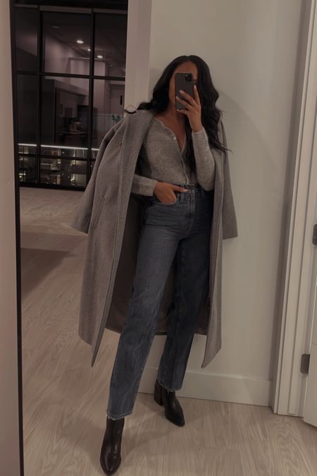 Casual Everyday Outfit | casual date night style, monochromatic style, grey outfit, cardigan outfit, bootcut jeans, grey coat, jean outfit 

#LTKstyletip #LTKSeasonal