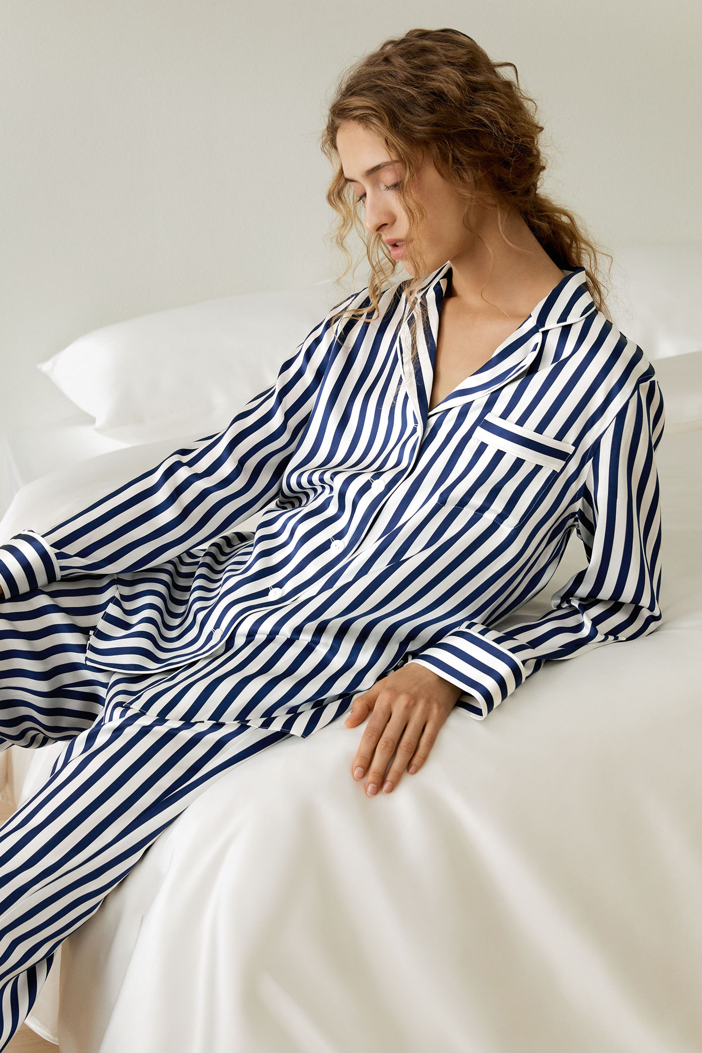 Amalfi Button-Up Full Length Striped Pajama Set | LILYSILK