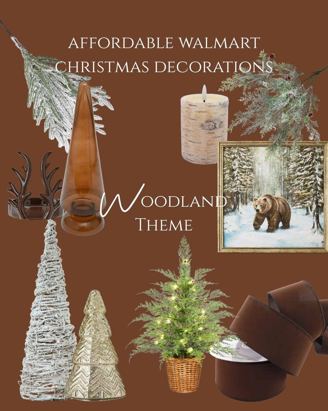Create a cozy Woodland Christmas look with budget-friendly Walmart decor. This warm and rustic holiday theme features a snowy bear art print, mini tabletop Christmas trees, natural greenery, and rich velvet brown ribbon for that high-end lodge feel. Perfect for anyone searching for rustic Christmas decor, woodland holiday decorating ideas, or neutral Christmas styling on a budget. Shop the full look here!

#LTKHome #LTKHoliday #LTKSeasonal