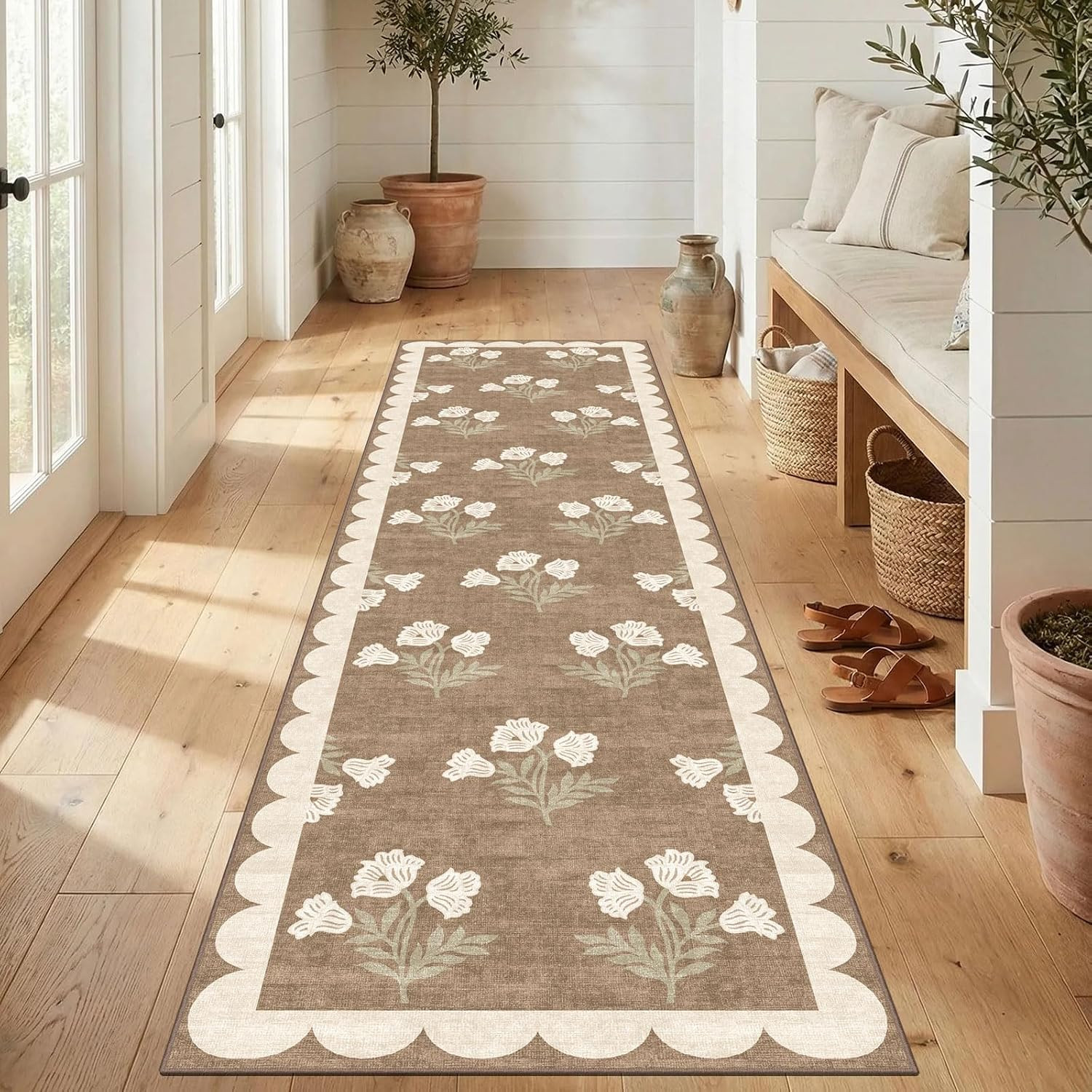 Non Slip Washable Kitchen Runner Rug - 2x8 Long Tan Hallway Runner Rugs Soft Boho Runners for Hallways Vintage Floral Scalloped Runner Rug for Bedroom Entryway Laundry Room Bathroom Foyer | Amazon (US)