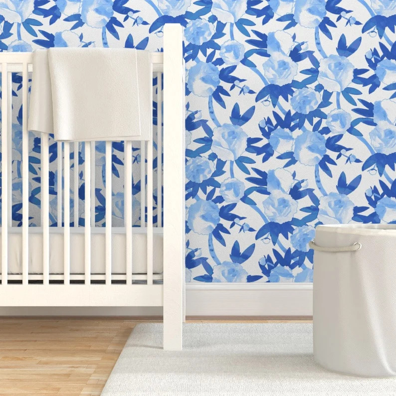 Floral Wallpaper - Chinoiserie Peonies in Blue by Willow Lane Textiles - Custom Removable Self Ad... | Etsy (US)