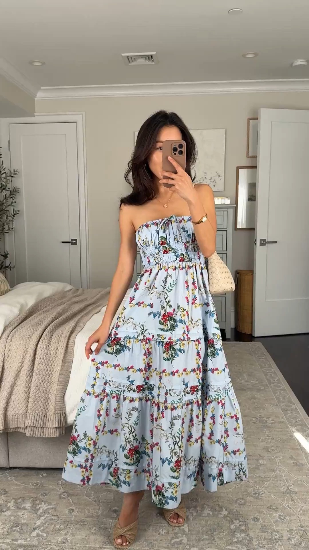 Strapless spring summer dress with flattering cinched gathered waist, tiered flowy skirt and pockets. 

XXs petite in this print is slightly loose on me at the bust so I’d size down for a snug fit up there

Wedge sandals 5/5.5

Woven bag with liner  

Baby shower, bridal shower garden party, petite spring summer dresses 

#LTKSeasonal #LTKWedding #LTKPetite