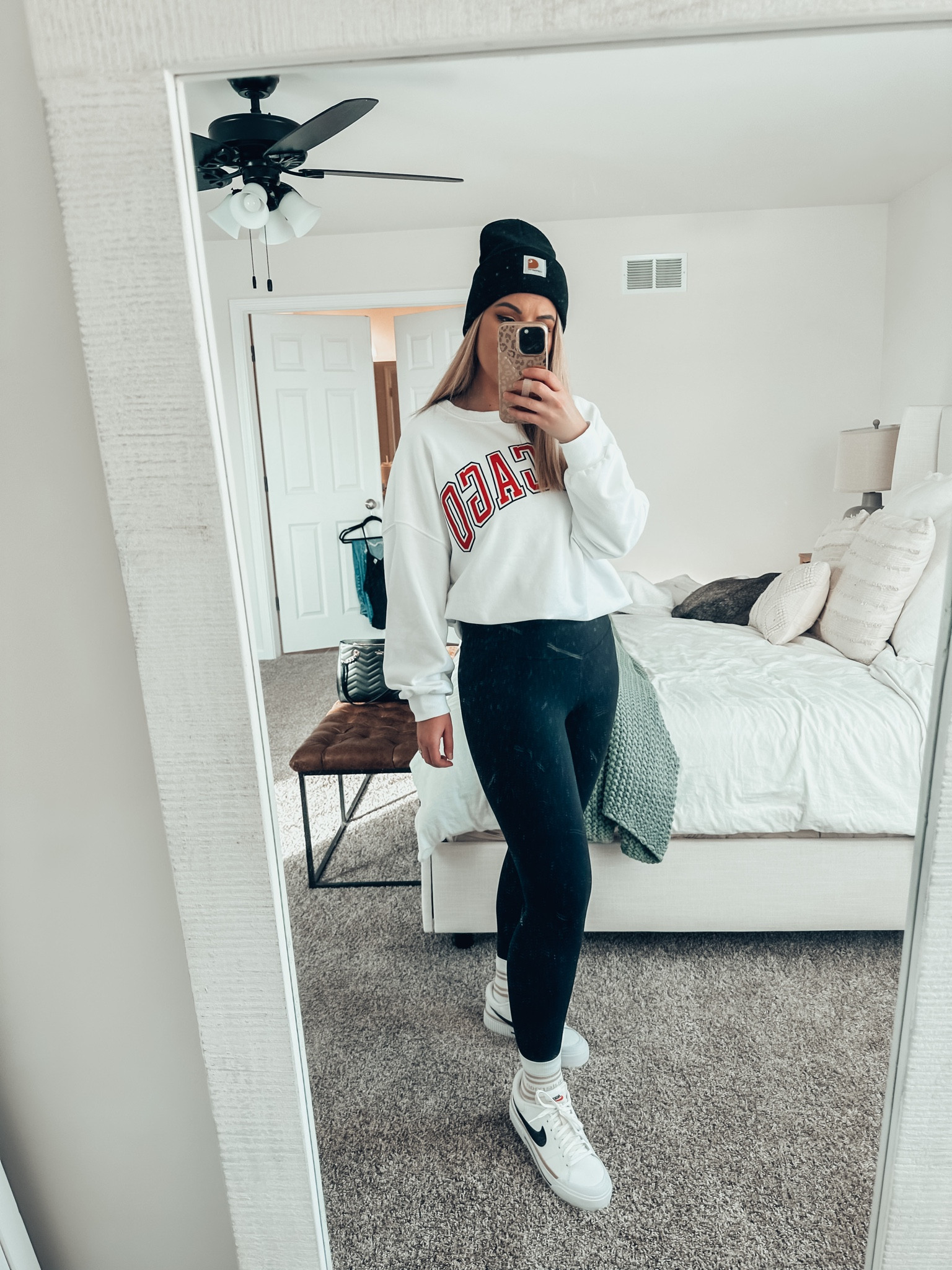 Basketball game outfit! Black beanie, oversized Chicago sweater, Amazon align legging dupe, platform Nikes, Lululemon socks