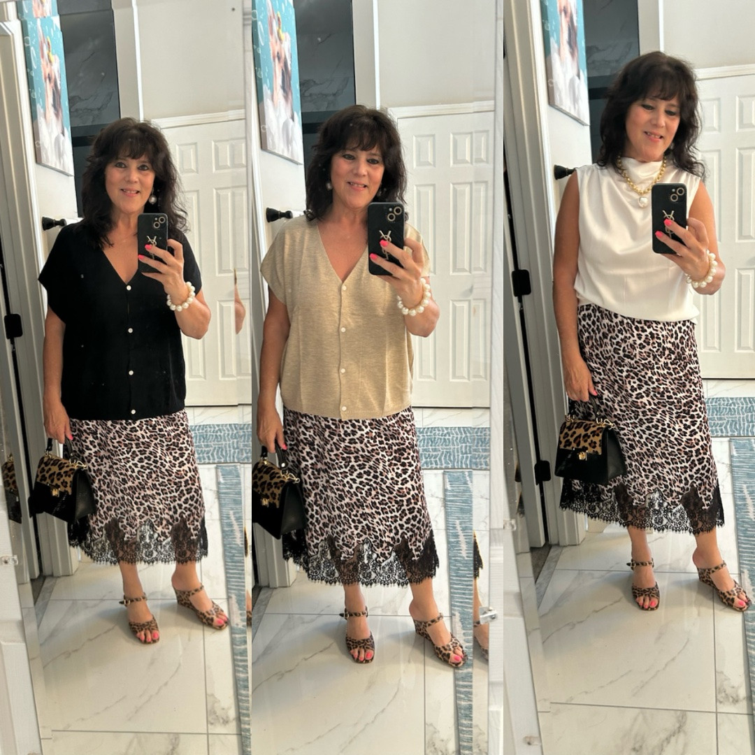 I think the black top wins with this look!! It’s simple, classy, and makes the whole outfit feel put together. Which top do you prefer, black, beige, or white? Always be confident 💋 #fashionover50 #summerstyle #ootd #leopardskirt #outfitinspo

#LTKootd #LTKWorkwear #LTKgrwm
