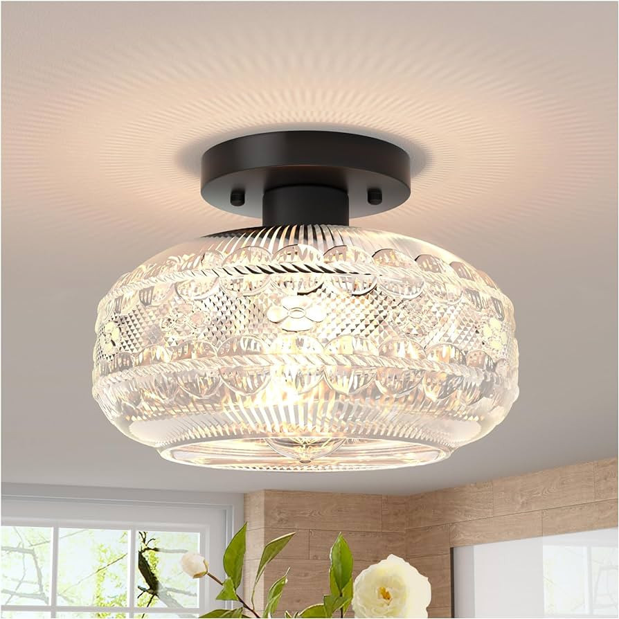 Black Globe Glass Flush Mount Ceiling Light - Vintage Farmhouse Pendant Lamp for Hallway, Kitchen... | Amazon (US)
