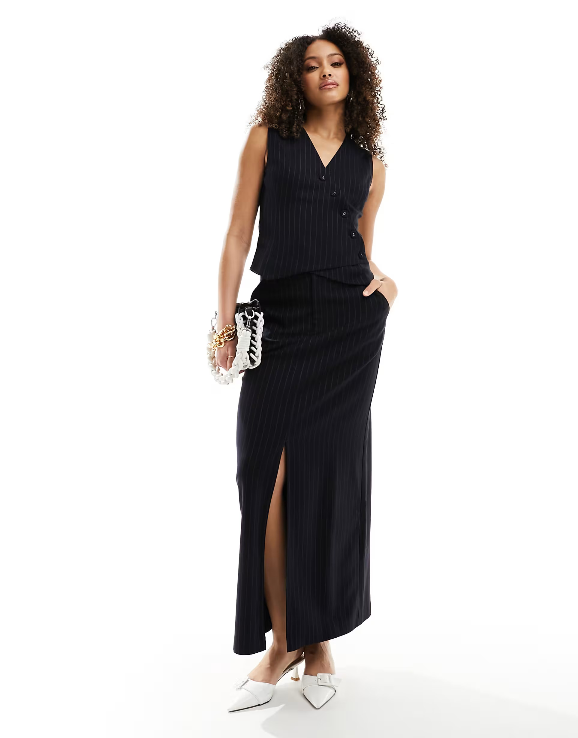 4th & Reckless tailored split front maxi skirt co-ord in navy pinstripe | ASOS (Global)
