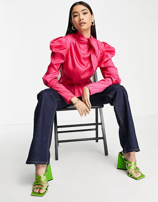 River Island tie neck puff sleeve blouse in bright pink | ASOS (Global)