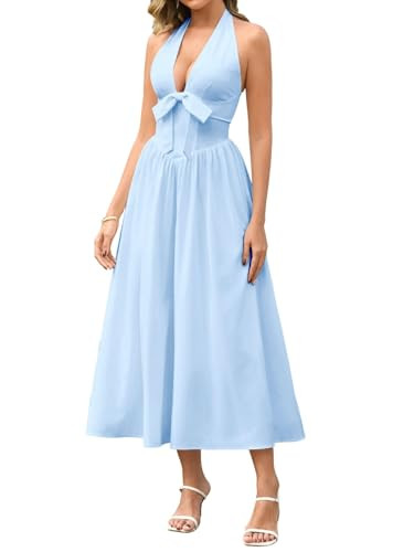 Parthea Summer Halter Bow Corset Midi Dress V Neck Flowy A Line Casual Smocked Sundress for Women... | Amazon (US)