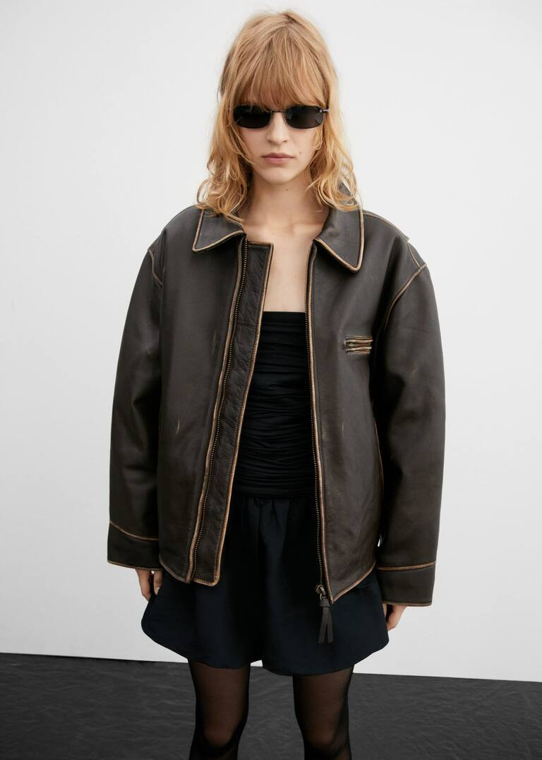 Veste cuir effet usé oversize -  Femme | Mango France | MANGO (FR)