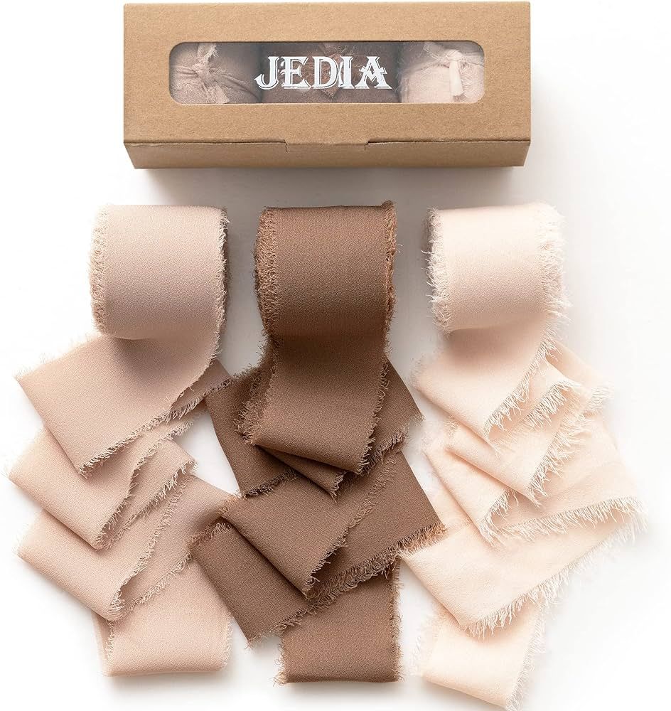 JEDIA Chiffon Ribbon, 3 Rolls Brown Handmade Fringe Chiffon Silk Ribbons, 1.5" x 7Yd Ribbon Set f... | Amazon (US)