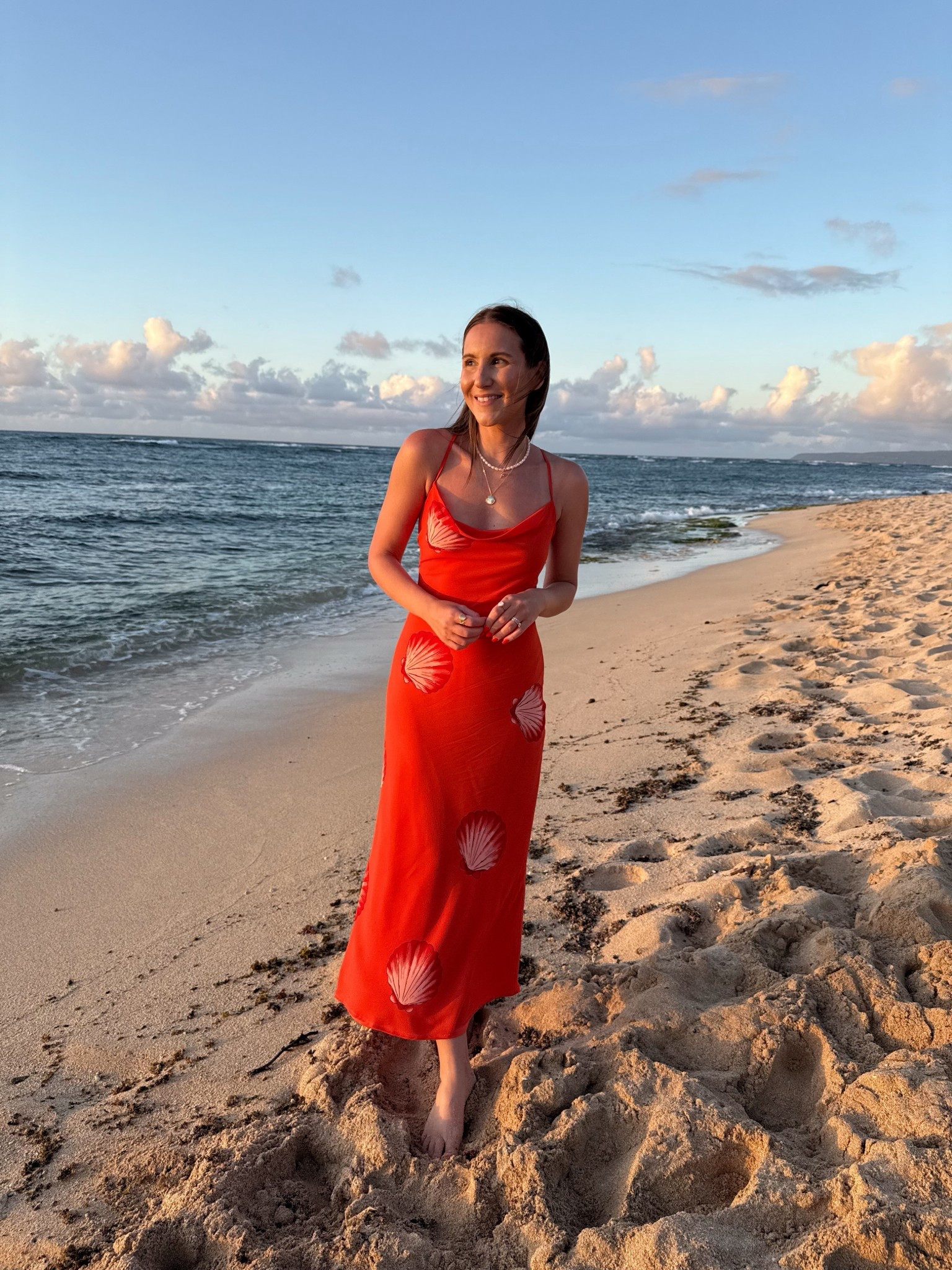 Dress restocked and on sale! Wearing a xs 

Vacation dress, seashell print, beach wedding, orange dress, vacation style, Hawaii 