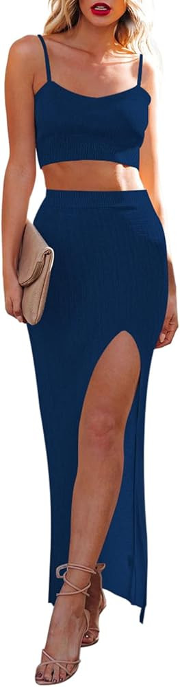 Cutiefox Women's Knit 2 Piece Dress Cami Crop Top High Side Slit Bodycon Long Skirt Set | Amazon (US)