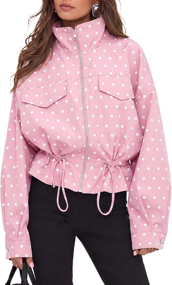 Fisoew Womens Zip Up Casual Jackets Polka Dot Drwatring Fall Trendy Coats | Amazon (US)