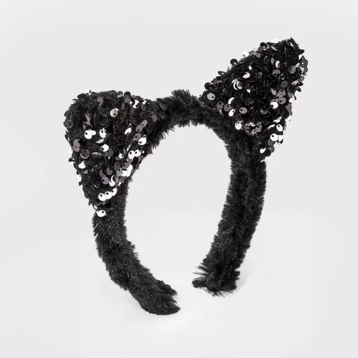 Girls&#39; Halloween Furry Sequin Cat Ear Headband - Cat &#38; Jack&#8482; Black | Target