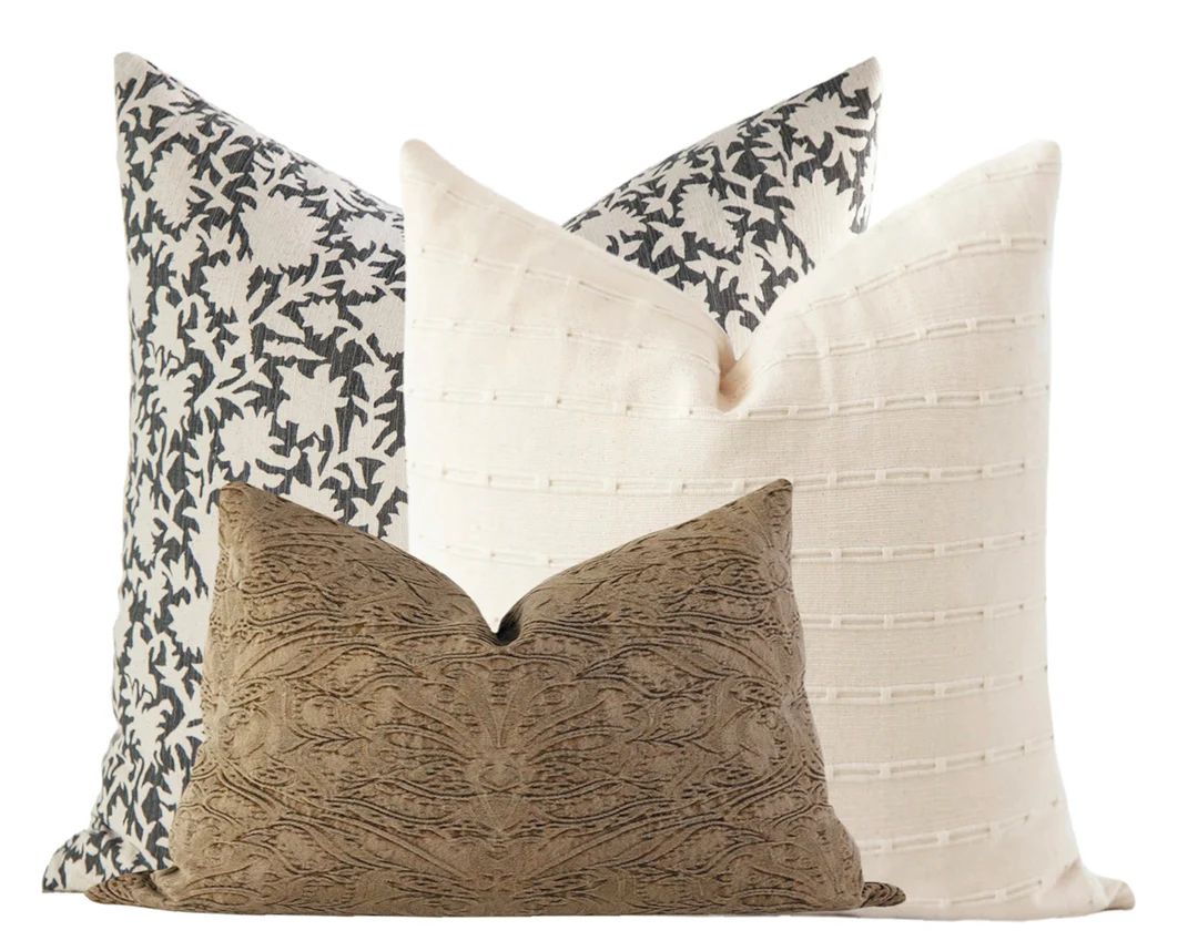 Throw Pillow Combo Set, Block Print Pillow, Fall Pillow Combination, Texture Stripe Pillows, Farm... | Etsy (US)