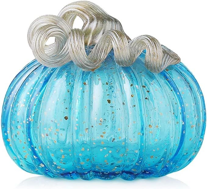 Glitzhome 5.12" Blue Handblown Glass Pumpkin Table Accent for Fall & Harvest Thanksgiving Decorat... | Amazon (US)