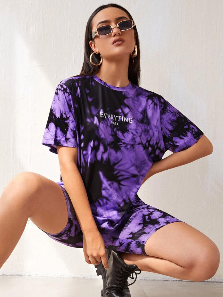 SHEIN Coolane Tie Dye & Letter Graphic Tee & Biker Shorts Set | SHEIN