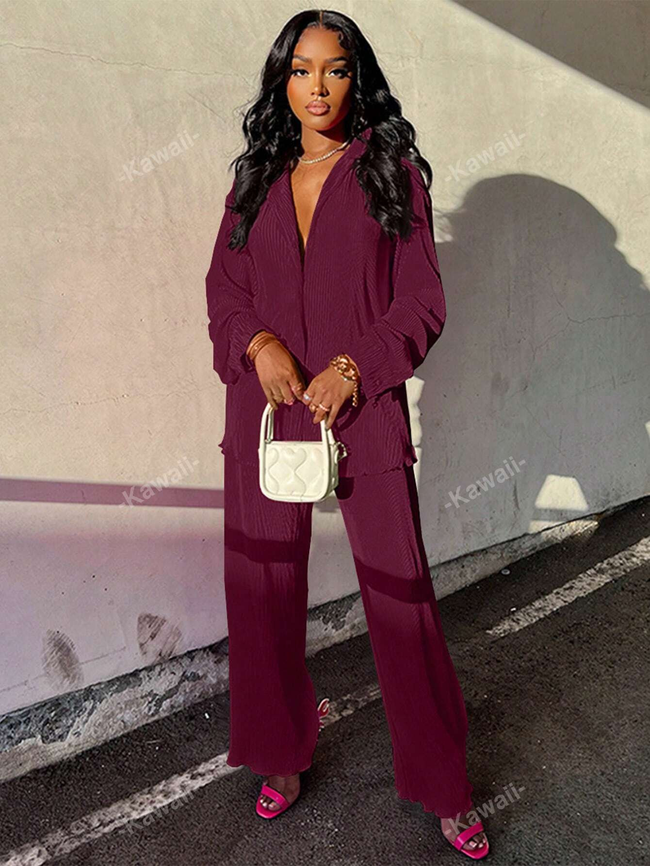 2pcs Women's Casual Pleated Shirt And Wide Leg Pants Set | SHEIN