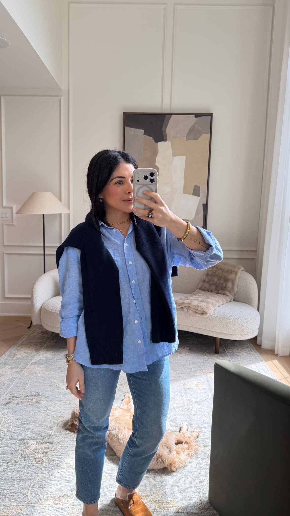 Today’s outfit 04/20
Shirt - size Small Petite 
Sweater - size small 
Jeans - size 25 