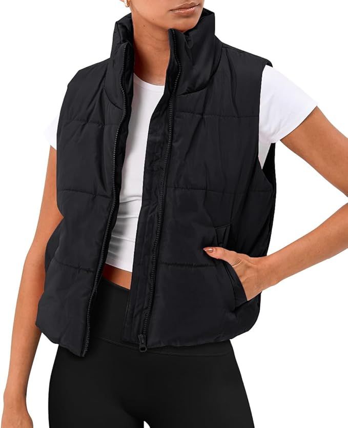 Puffer Vest Women Sleeveless Winter Warm Puffer Cropped Outerwear Stand-up Collar Down with Pocke... | Amazon (US)