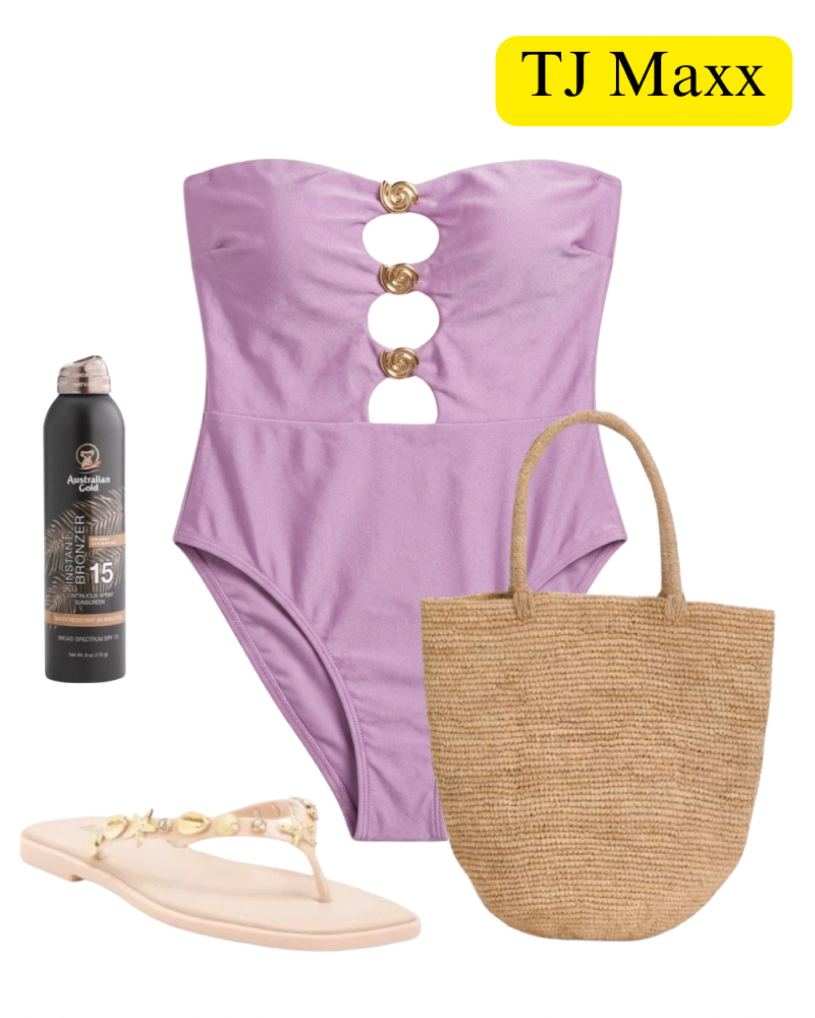 Designer purple, one piece swimsuit on sale at TJ Maxx, woven tote, sandals, sunscreen, beach, pool, resort, vacation.

#LTKSaleAlert #LTKootd #LTKSwim