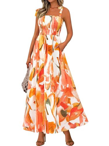 PRETTYGARDEN Womens Summer Dresses Floral Sleeveless Smocked Maxi Dress Boho Spaghetti Strap A Line Flowy Beach Long Sundress(Pink Watercolour,Small) | Amazon (US)