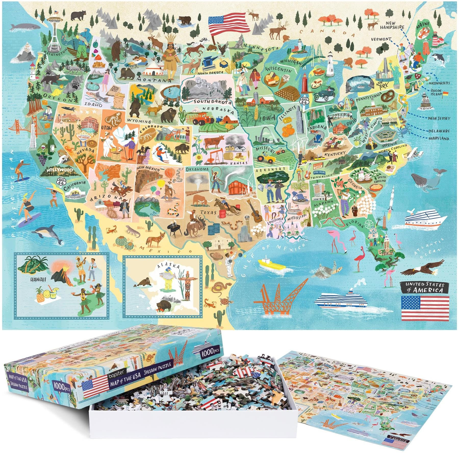 bopster 1000-Piece USA Map Jigsaw Puzzle for Kids, Teens & Adults | Detailed United States Landma... | Amazon (US)