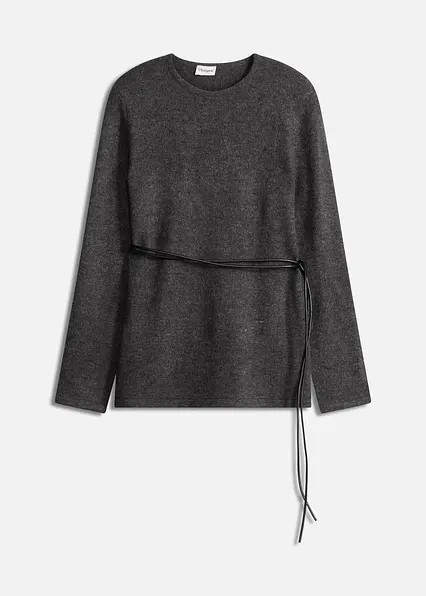 Strickshirt mit Wollanteil und Lederimitat- Bindeband | Bonprix DE