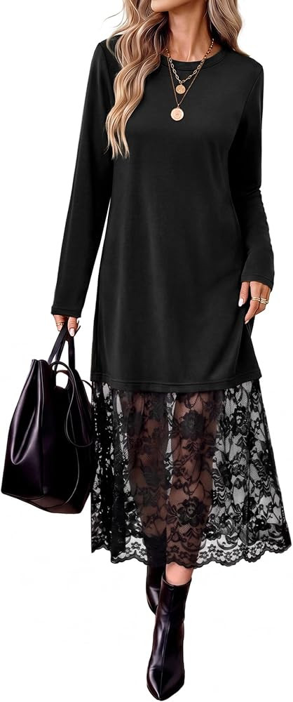 Long Sleeve Fall Dresses Midi Lace Patchwork Dress Fall Wedding Guest Dress | Amazon (US)