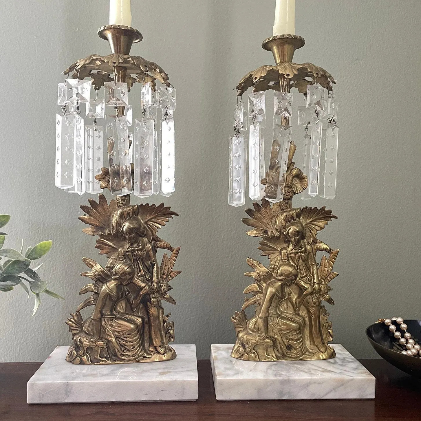 Antique Pair Victorian Girandole Mantle Luster Candlesticks with Crystal Prisms | Ornate Brass Marble Base | Etsy (Global)
