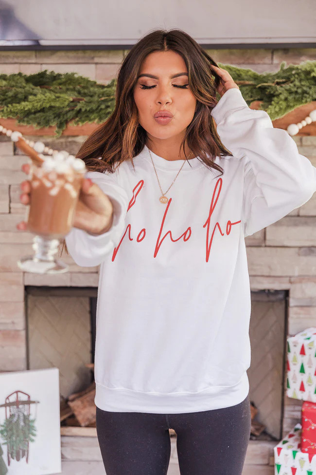 Ho Ho Ho Script White Graphic Sweatshirt | The Pink Lily Boutique