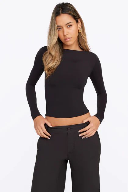 365 SECOND SKIN BOAT NECK LONG SLEEVE TOP - SHADOW BLACK | TALA (UK)