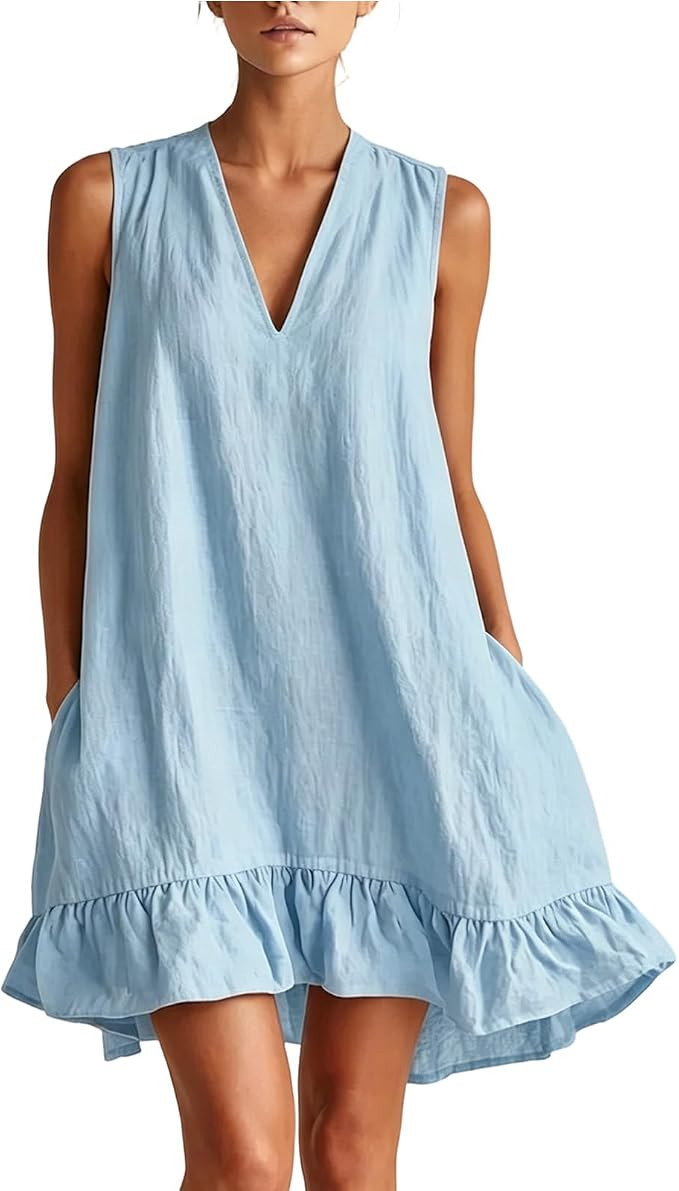 hlysgo Linen Dresses for Women 2026 Summer Ruffled Hem Sleeveless V Neck Mini Sundress Cotton Gau... | Amazon (US)