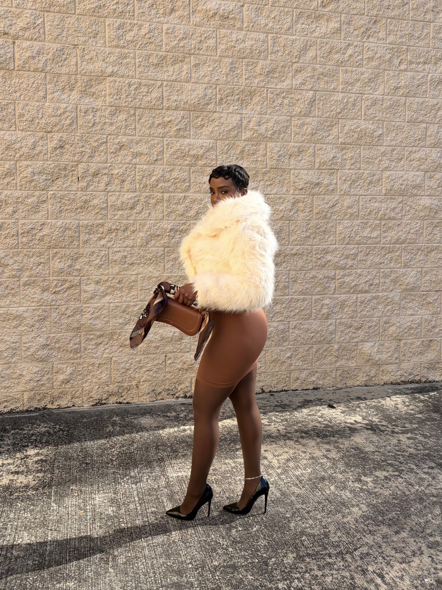 Faux fur coat
ivory  cream fur
Sculpted mini dress
Chocolate brown tones
Monochromatic neutrals
Body-con silhouette
Sheer tights
Pointed-toe stilettos
Classic black pumps
Statement brown  sunglasses
Micro handbag
Silk scarf accessory
Minimal yet bold styling

#LTKSeasonal #LTKgrwm #LTKBeauty