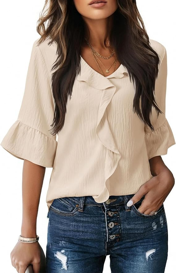siliteelon Womens Blouses Dressy Casual 3/4 Sleeve Ruffle Bell Top Ladies Business Formal Work Sh... | Amazon (US)