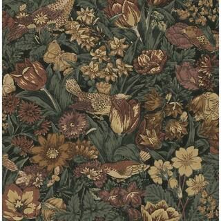 Seabrook Designs Mahogany and Graphite Bird Floral Prepasted Paper Wallpaper Roll PR11708 - The H... | The Home Depot