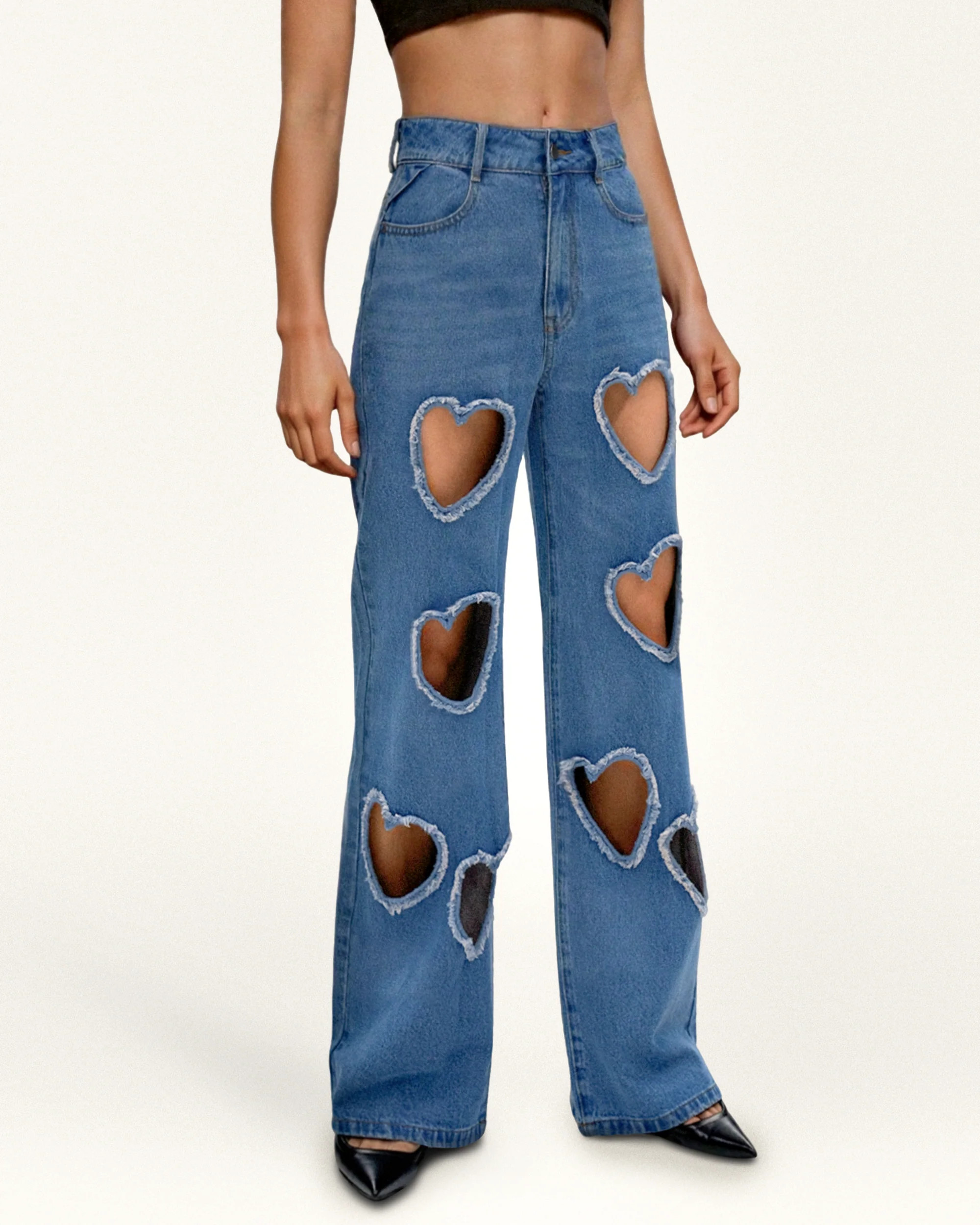 Sophia Embellished Heart Cut-Out Denim Jeans - Medium Blue | JW PEI US